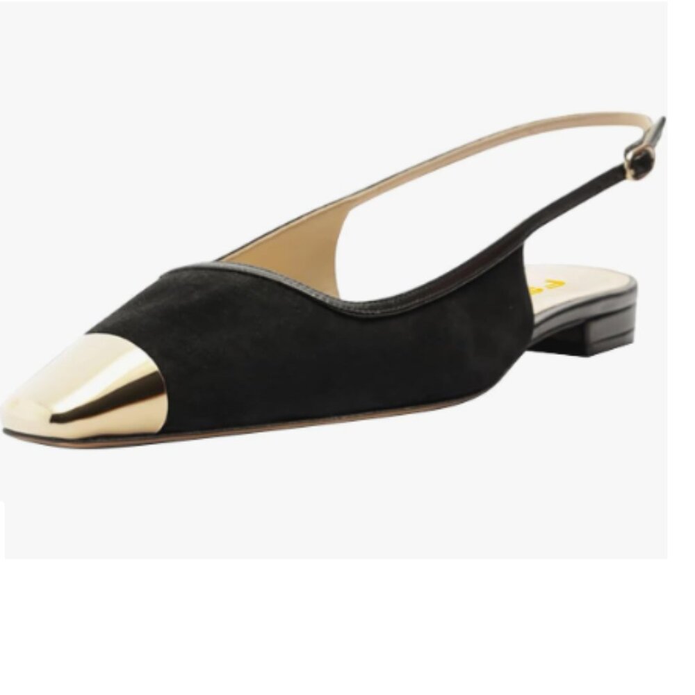 FSJ Black Slingback Square Toe Shiny Two Toned Slip On Block Low Heel Sandals